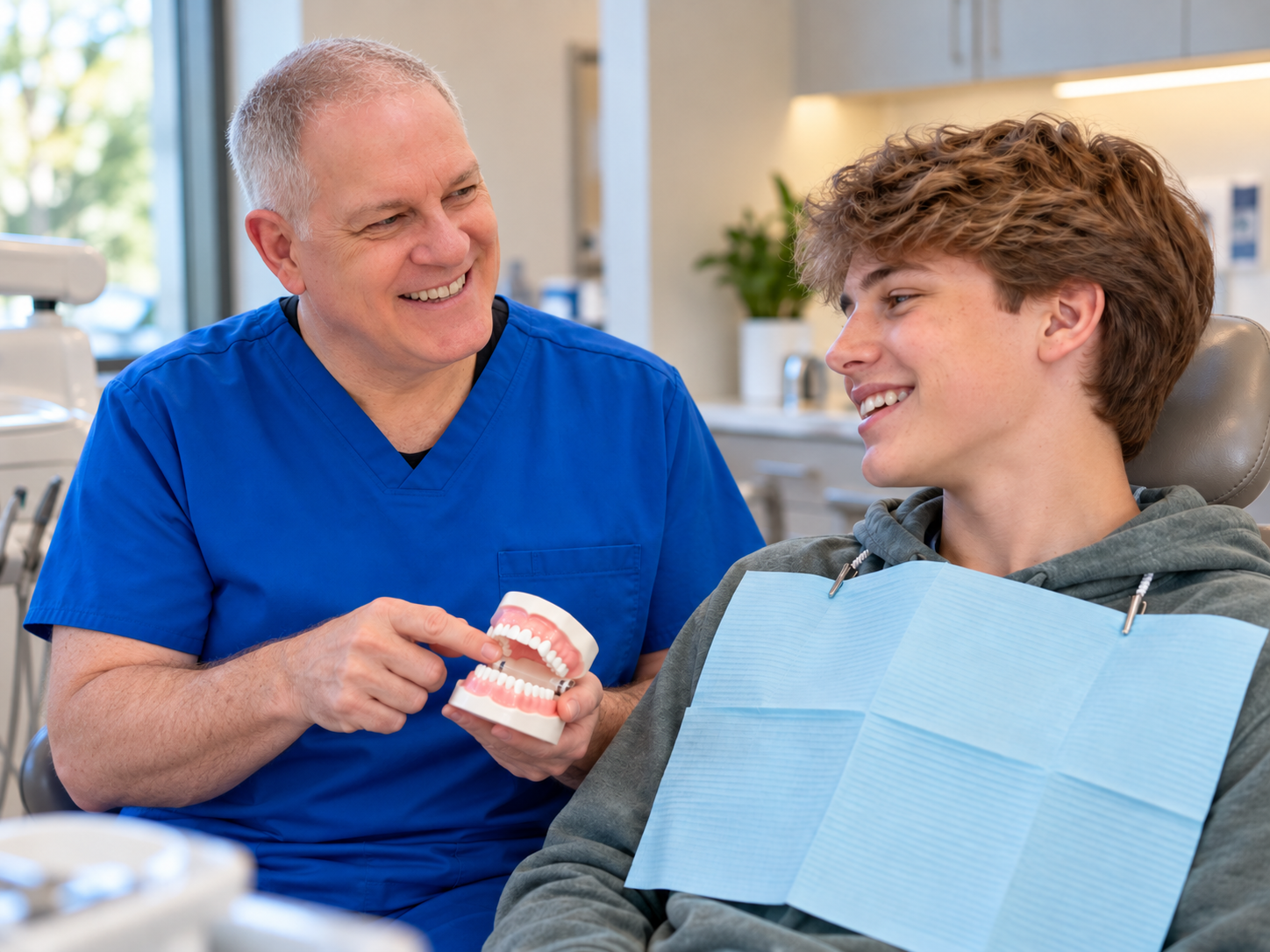 Illustration of a dentist explaining dental care to a young patient