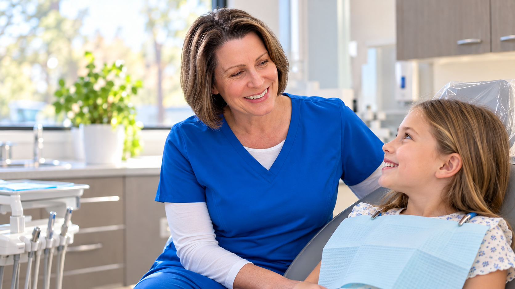 Illustration of a dental team member speaking with a child in a dental chair