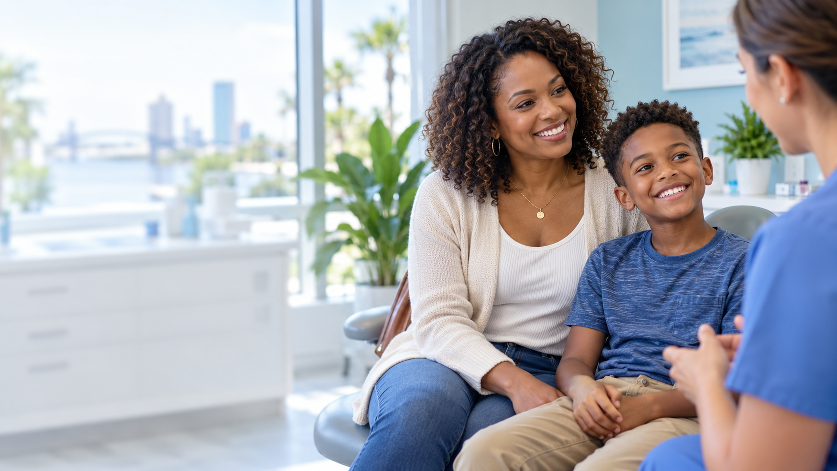 Illustrative scene of a mother and child speaking with a dental clinician