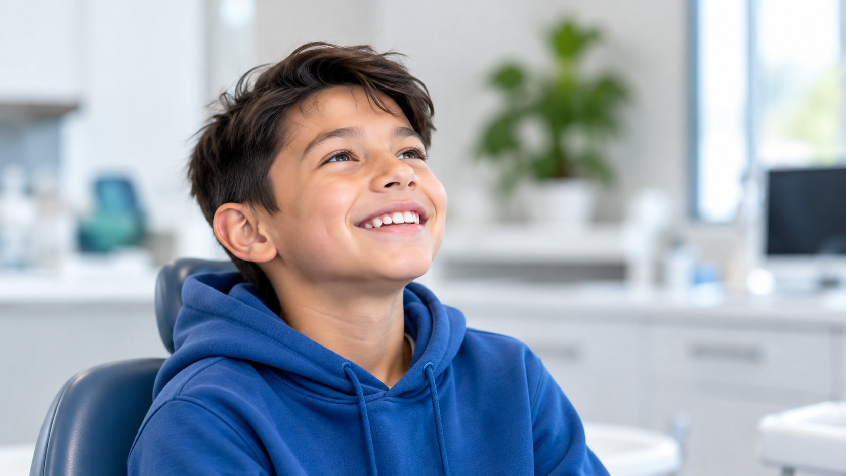 Illustrative video poster showing a smiling child in a dental chair
