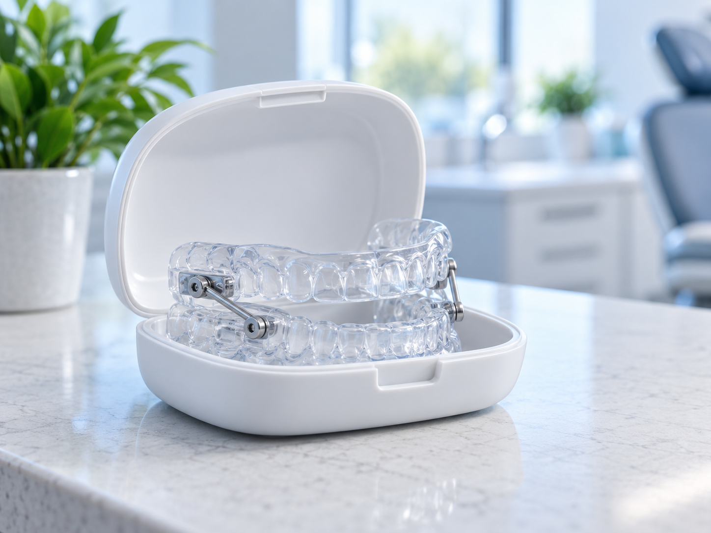 Illustrative oral appliance in a case; not a specific device supplied by the practice