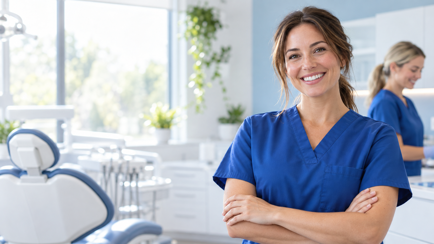 Illustrative image of a dental team member smiling in a treatment room