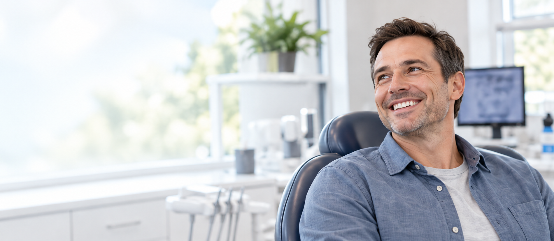 AI-generated illustration of an adult male smiling in a dental office