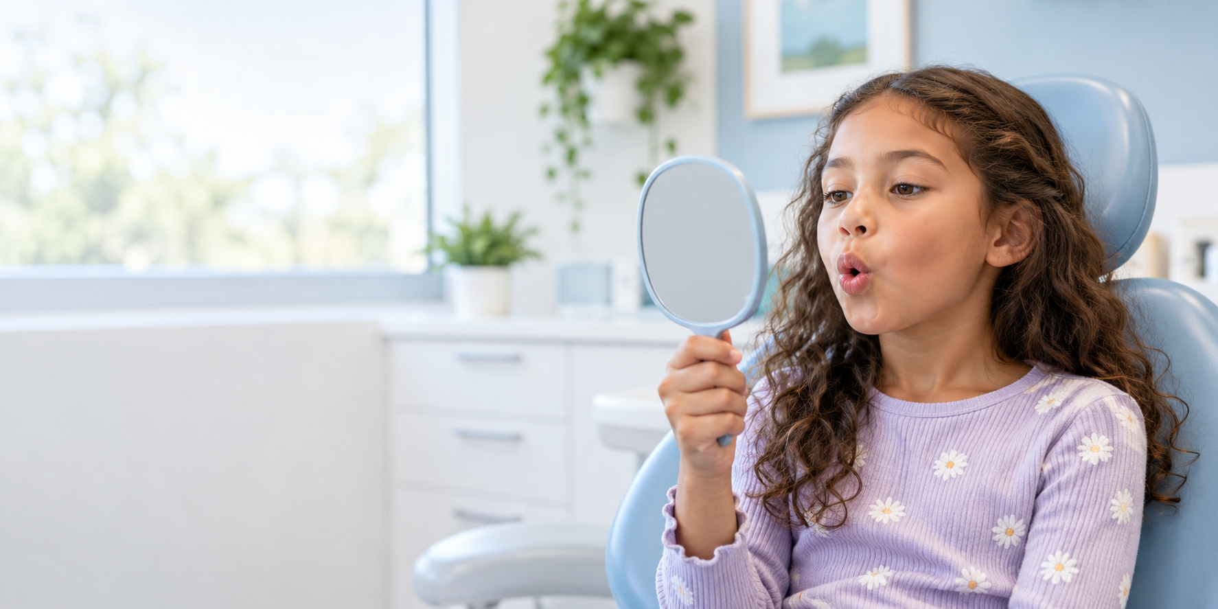 Illustrative scene of a child practicing a mouth exercise with a hand mirror