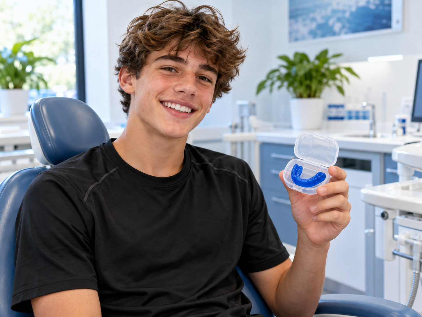 Illustrative athlete holding a mouthguard case in a dental office