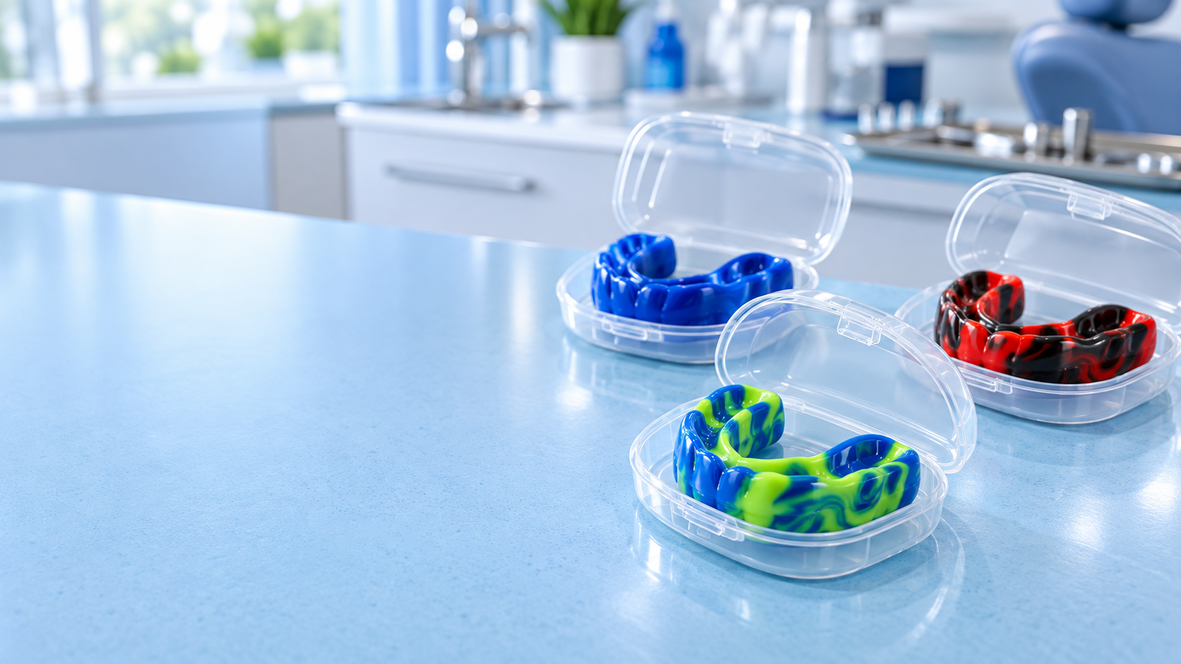 Illustrative colorful mouthguards in cases; not the exact guards supplied by the practice