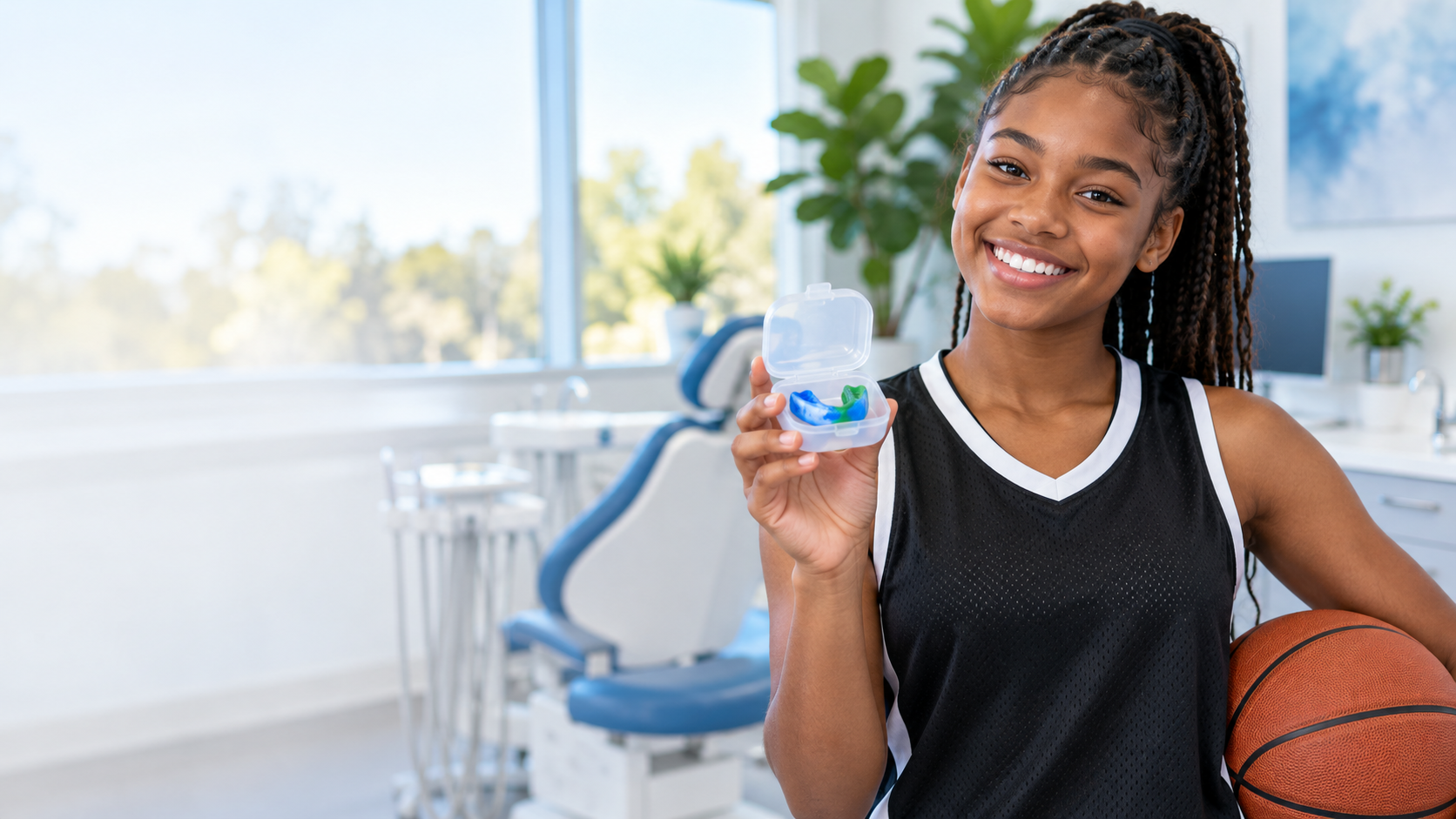 Illustrative basketball athlete holding a colorful mouthguard case